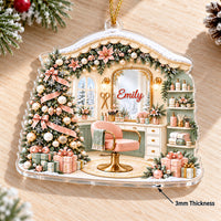 Acrylic holiday ornament showcasing its three millimeter thickness with an arrow pointing to the edge