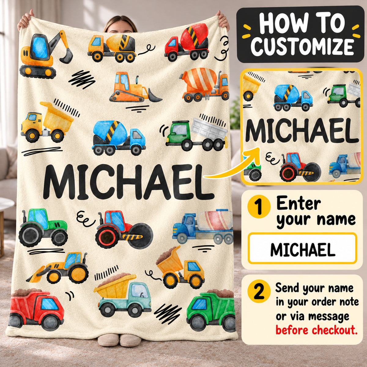 Colorful Construction Vehicles blanket - how to personalize