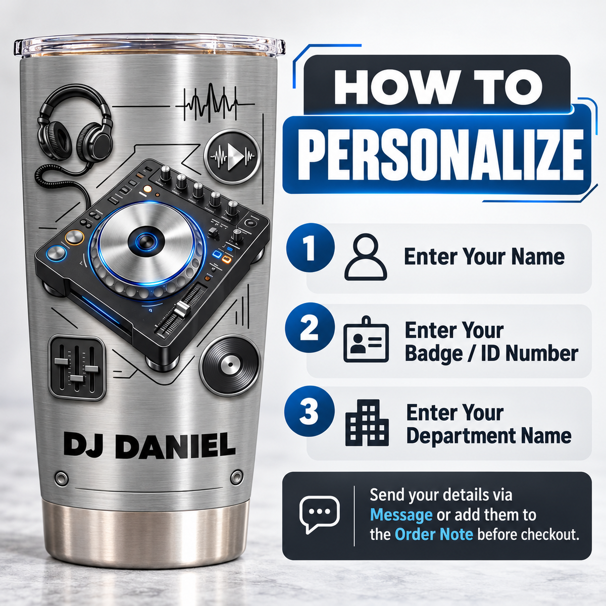 Instructions on how to personalize the stainless steel DJ tumbler with custom text and details.