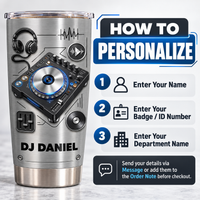 Instructions on how to personalize the stainless steel DJ tumbler with custom text and details.