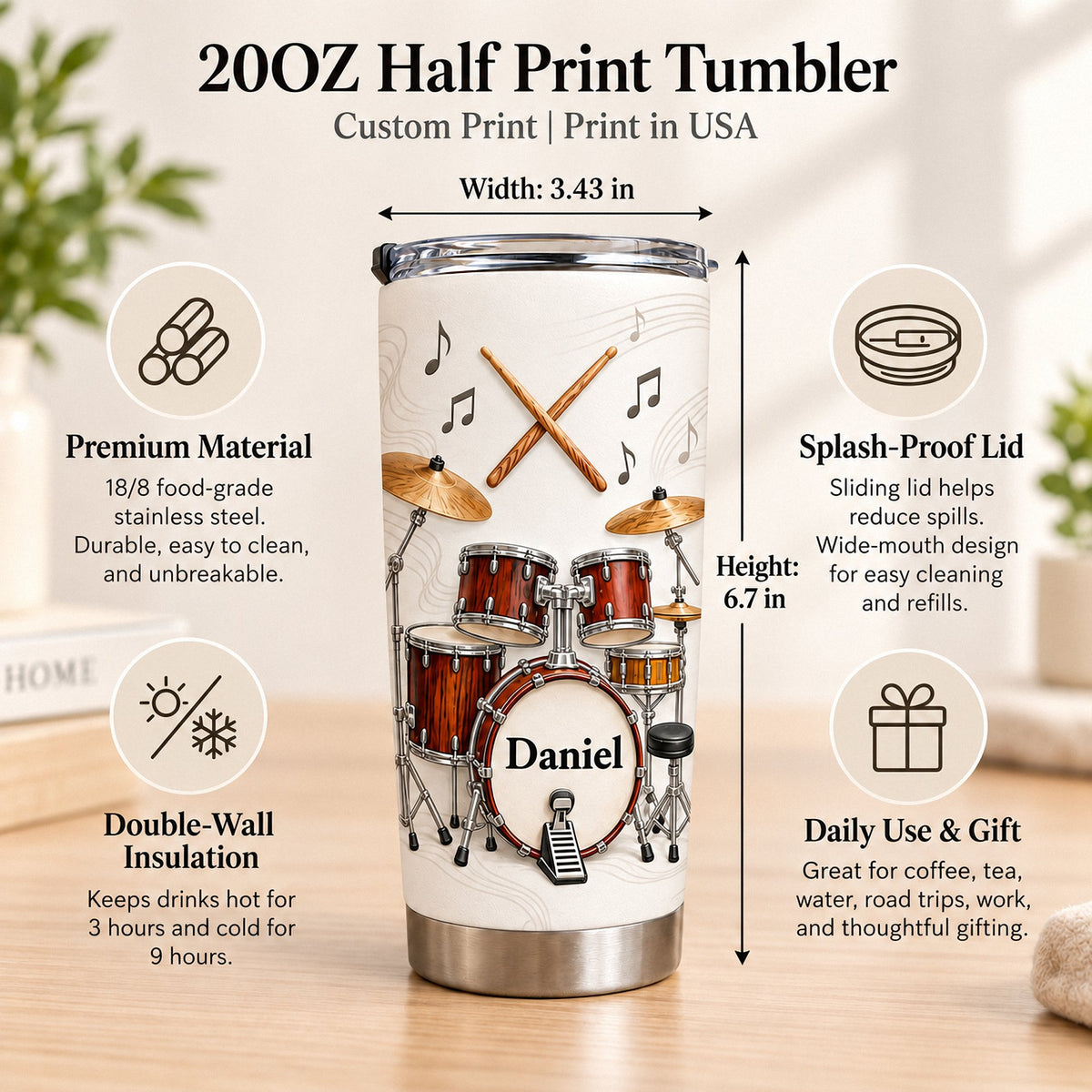 20oz custom name tumbler featuring drum kit graphic, dimensions, and product features explained in text callouts.