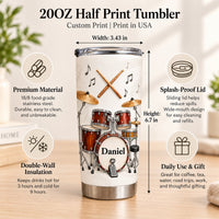 20oz custom name tumbler featuring drum kit graphic, dimensions, and product features explained in text callouts.