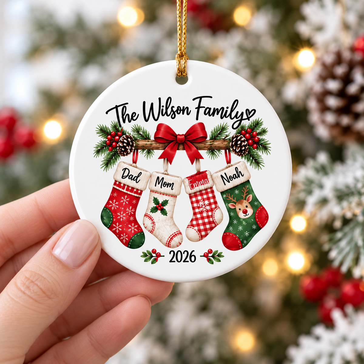 Hand holding a custom family name gift ceramic ornament featuring Dad, Mom, and kids names.