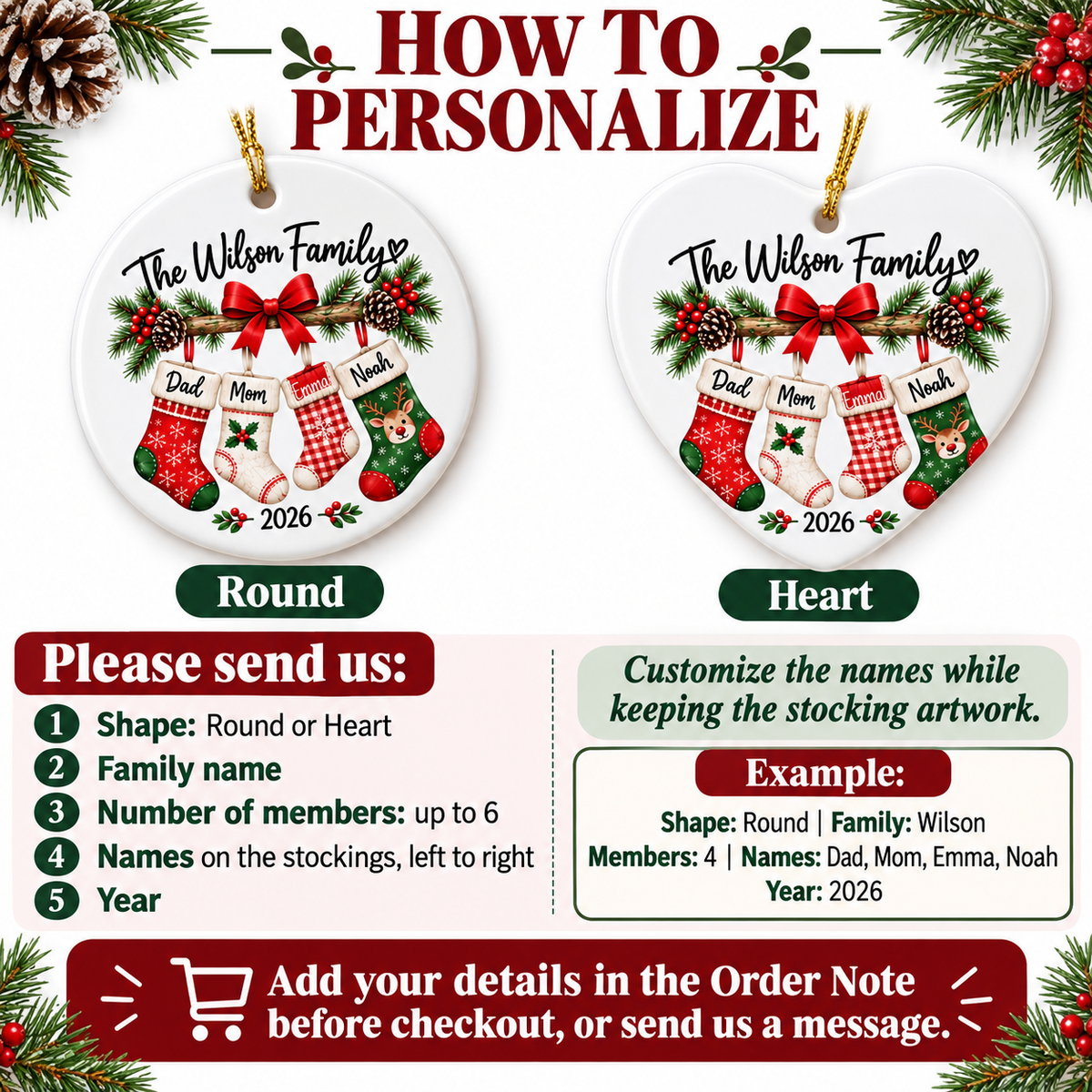 Infographic showing round and heart ceramic ornament options and personalization instructions.