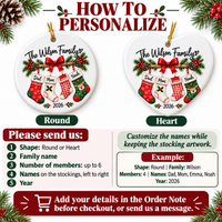 Infographic showing round and heart ceramic ornament options and personalization instructions.