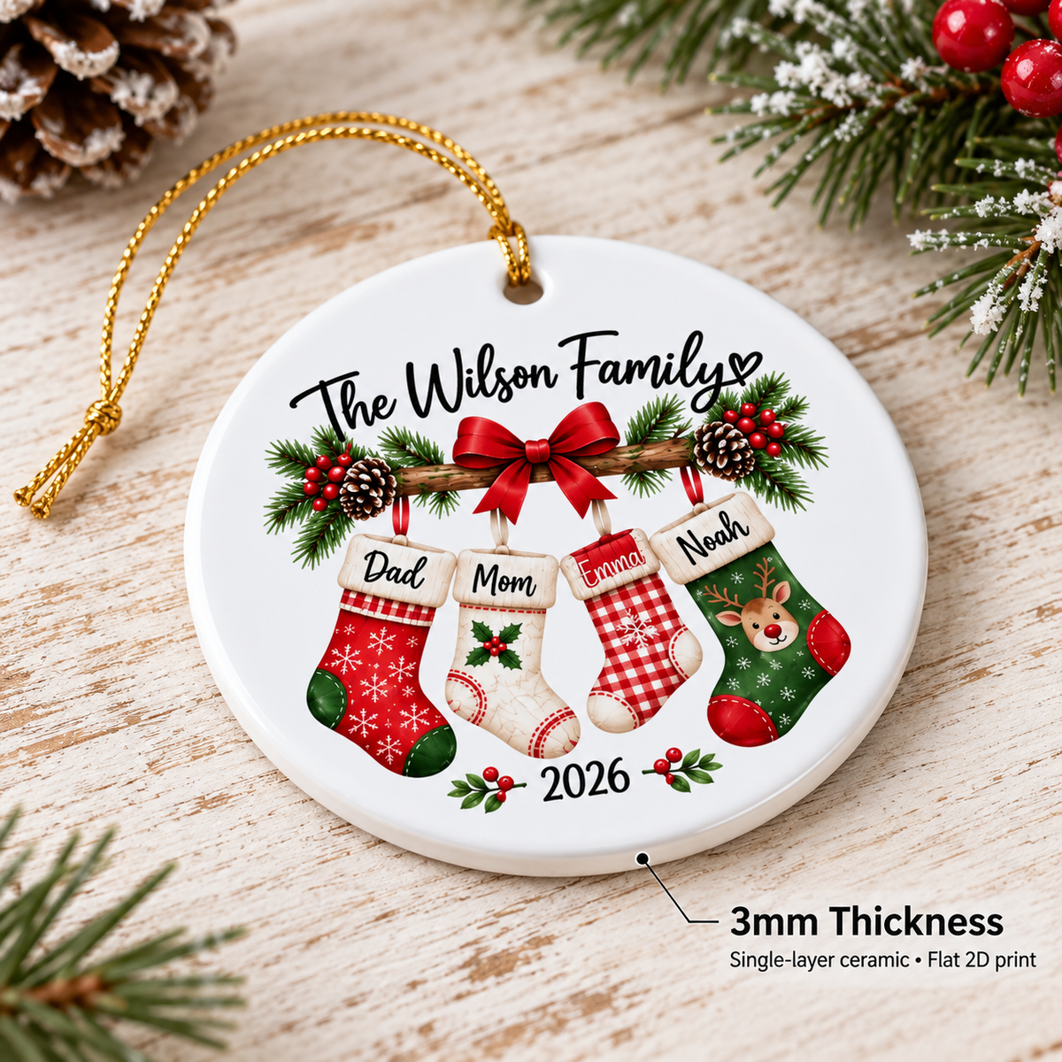 Personalized Family Christmas Ornament pointing out 3mm thickness and single-layer ceramic.