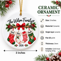 Ceramic ornament specifications chart showing 3 inches size, material, and hanging string.
