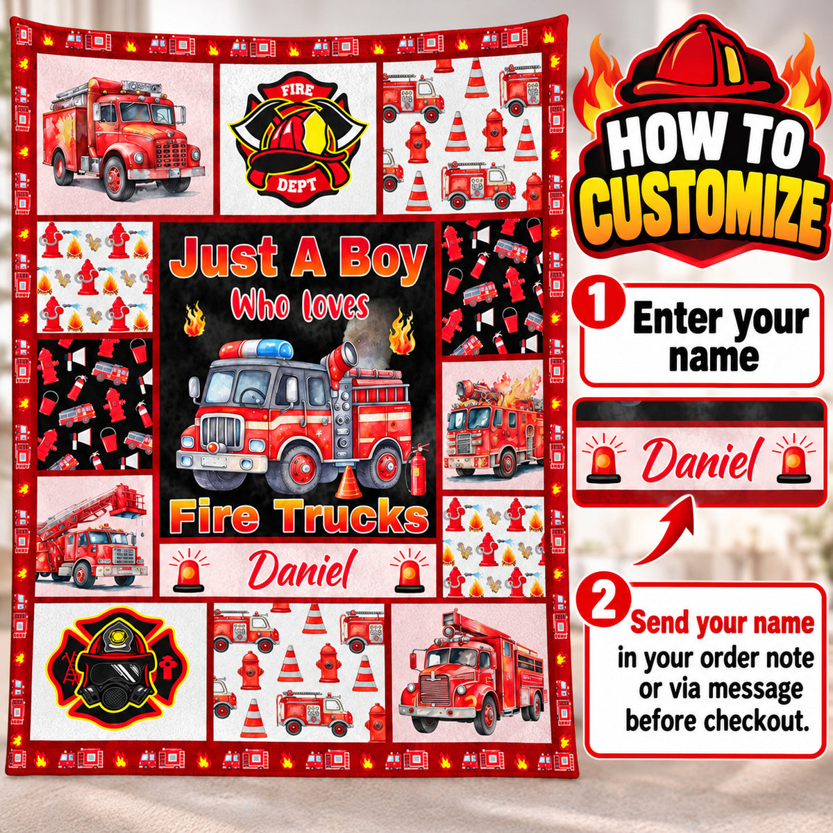Fire Truck Boy blanket - how to personalize