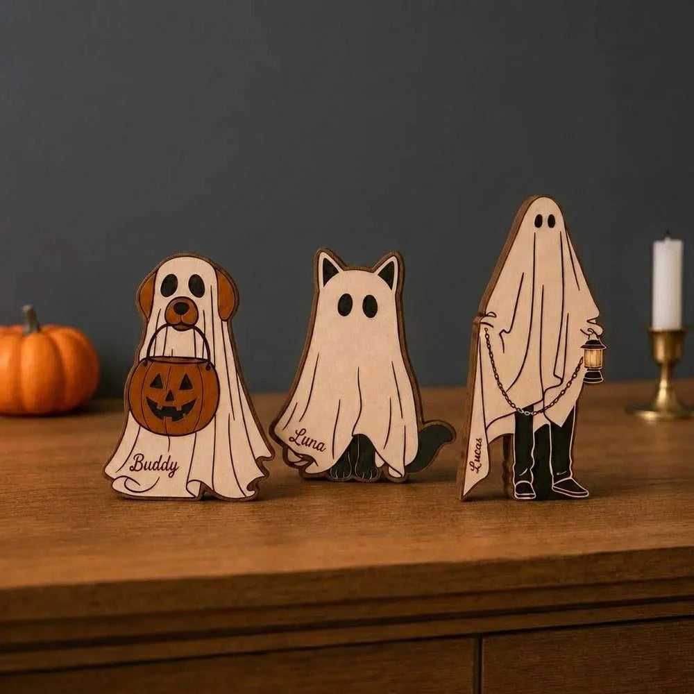Personalized Ghost Family Wooden Shelf Sitter Custom Name Cute Halloween Mantel Decor