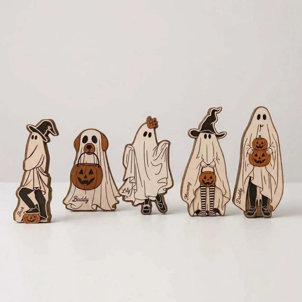 Personalized Ghost Family Wooden Shelf Sitter Custom Name Cute Halloween Mantel Decor