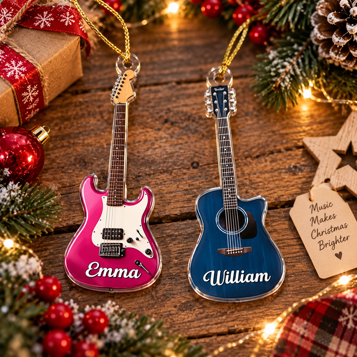 Two personalized guitar Christmas ornaments, one pink electric and one blue acoustic, on wood.