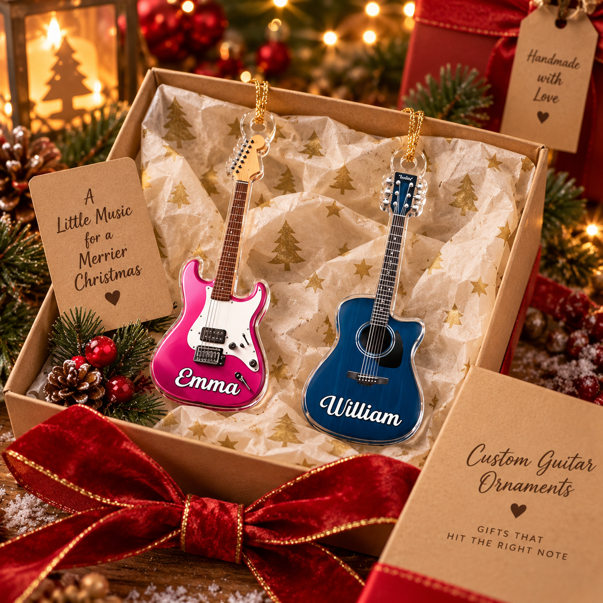 Two personalized guitar Christmas ornaments inside an open holiday gift box with tissue paper.