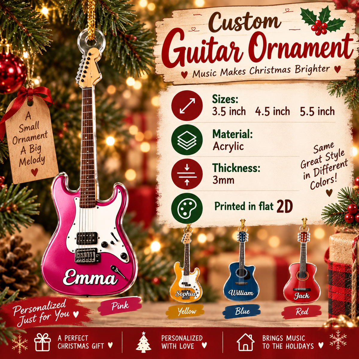 A personalized guitar Christmas ornament displayed next to size and material specification text.