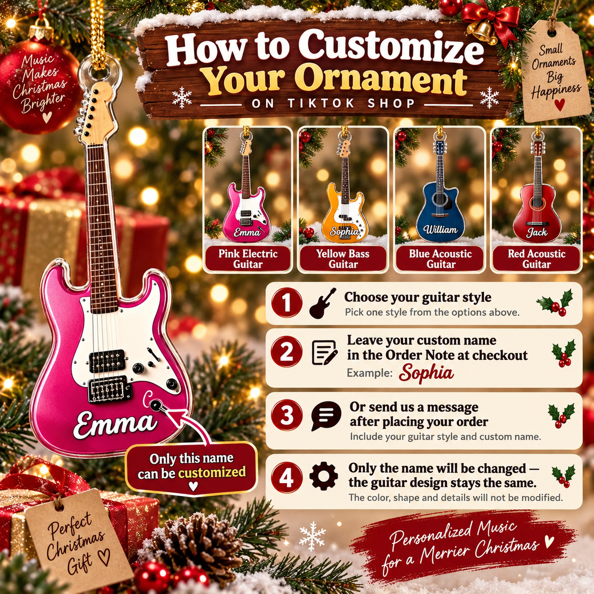 A pink guitar Christmas ornament featured alongside step-by-step custom ordering instructions.