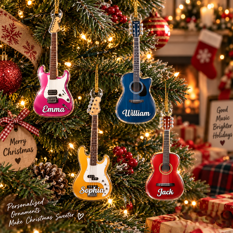 Personalized Guitar Christmas Ornament Custom Name Holiday Tree Decor Gift for Music Lovers available at our Austin, Texas warehouse