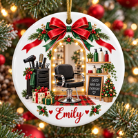 Personalized hair salon ceramic ornament with Christmas salon artwork and custom name