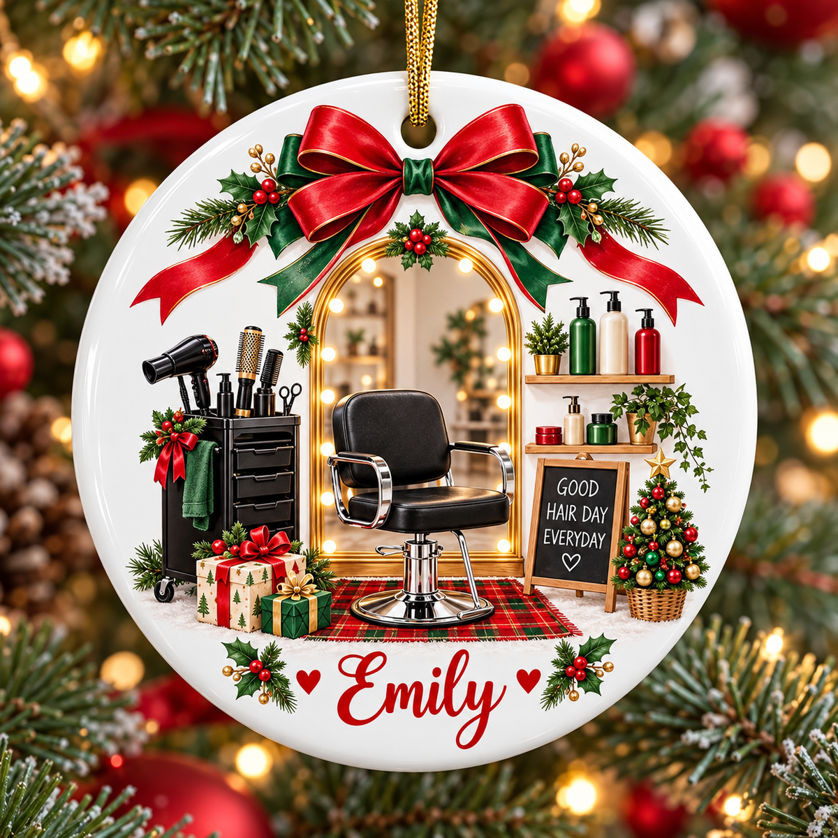 Personalized hair salon ceramic ornament with Christmas salon artwork and custom name