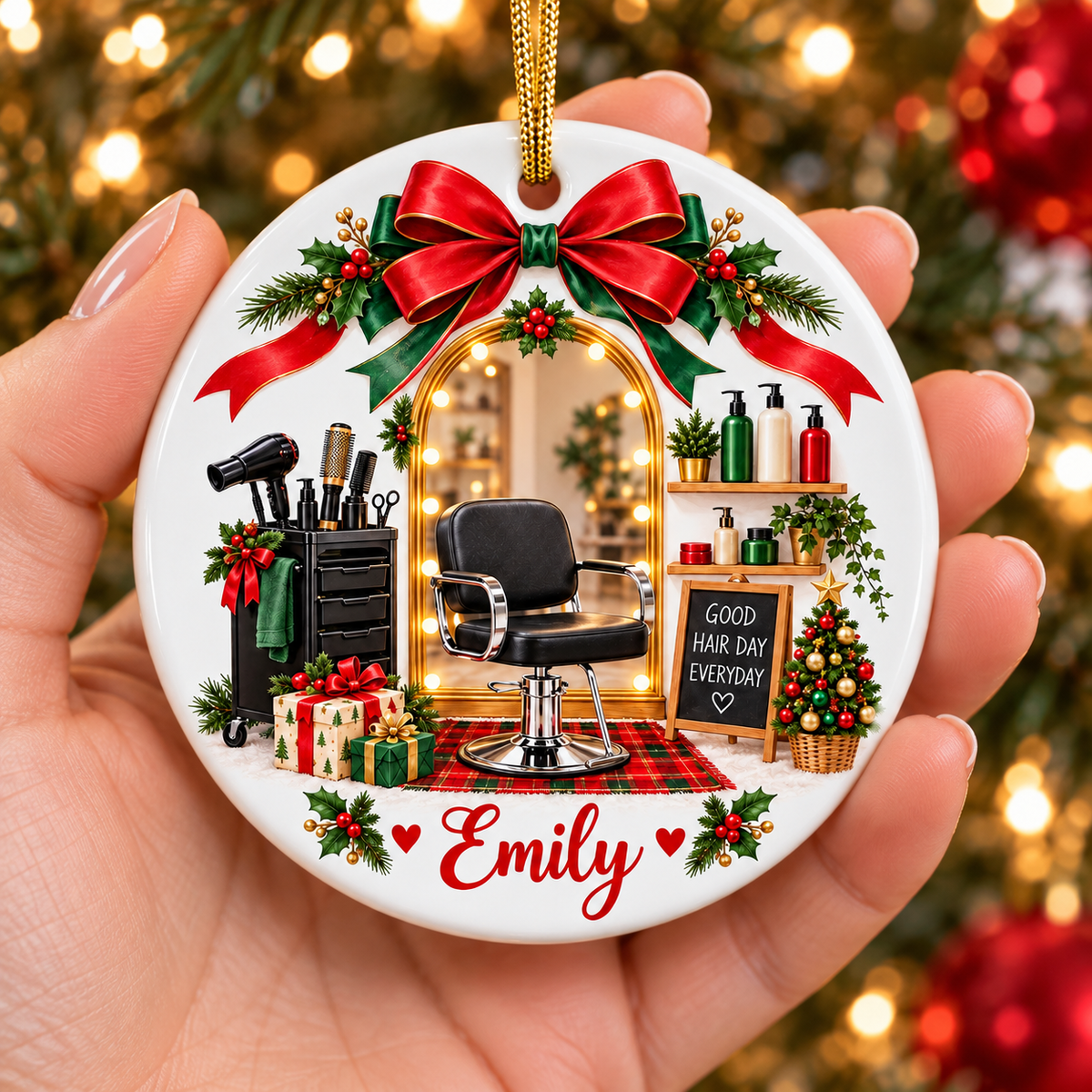 Hair salon ceramic Christmas ornament held in hand