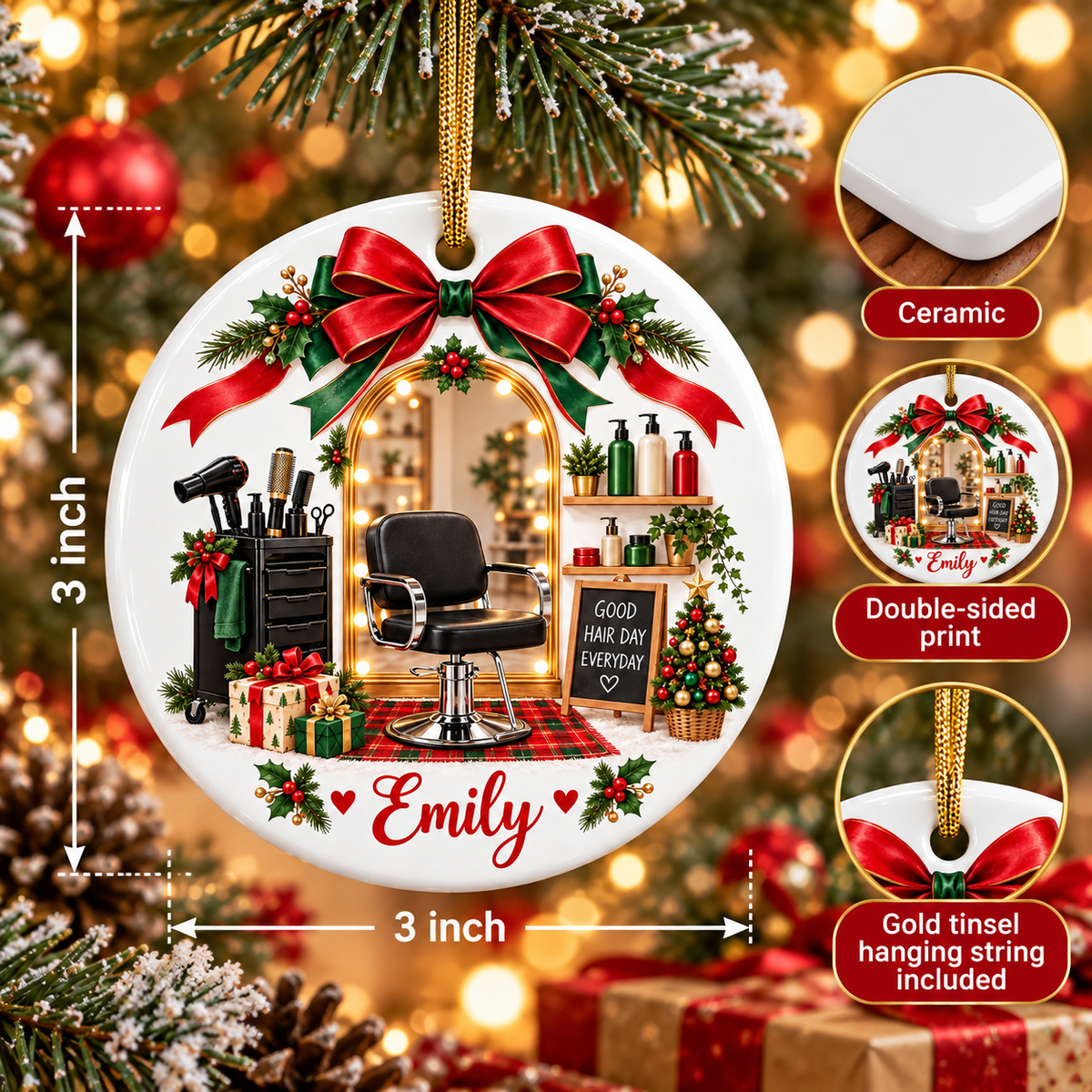 Three-inch ceramic ornament size, double-sided print and hanging string