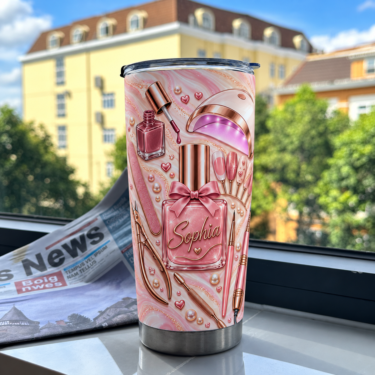 A pink manicure tumbler featuring a custom name rests on a windowsill, serving as an ideal gift for a manicurist in a salon