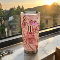 A personalized nail tech tumbler sits on a sunlit marble windowsill, highlighting its pink manicure tumbler graphics and