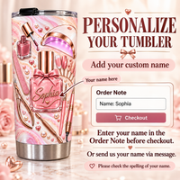 An instructional display showing how to order the personalized nail tech tumbler with custom name engraving for a