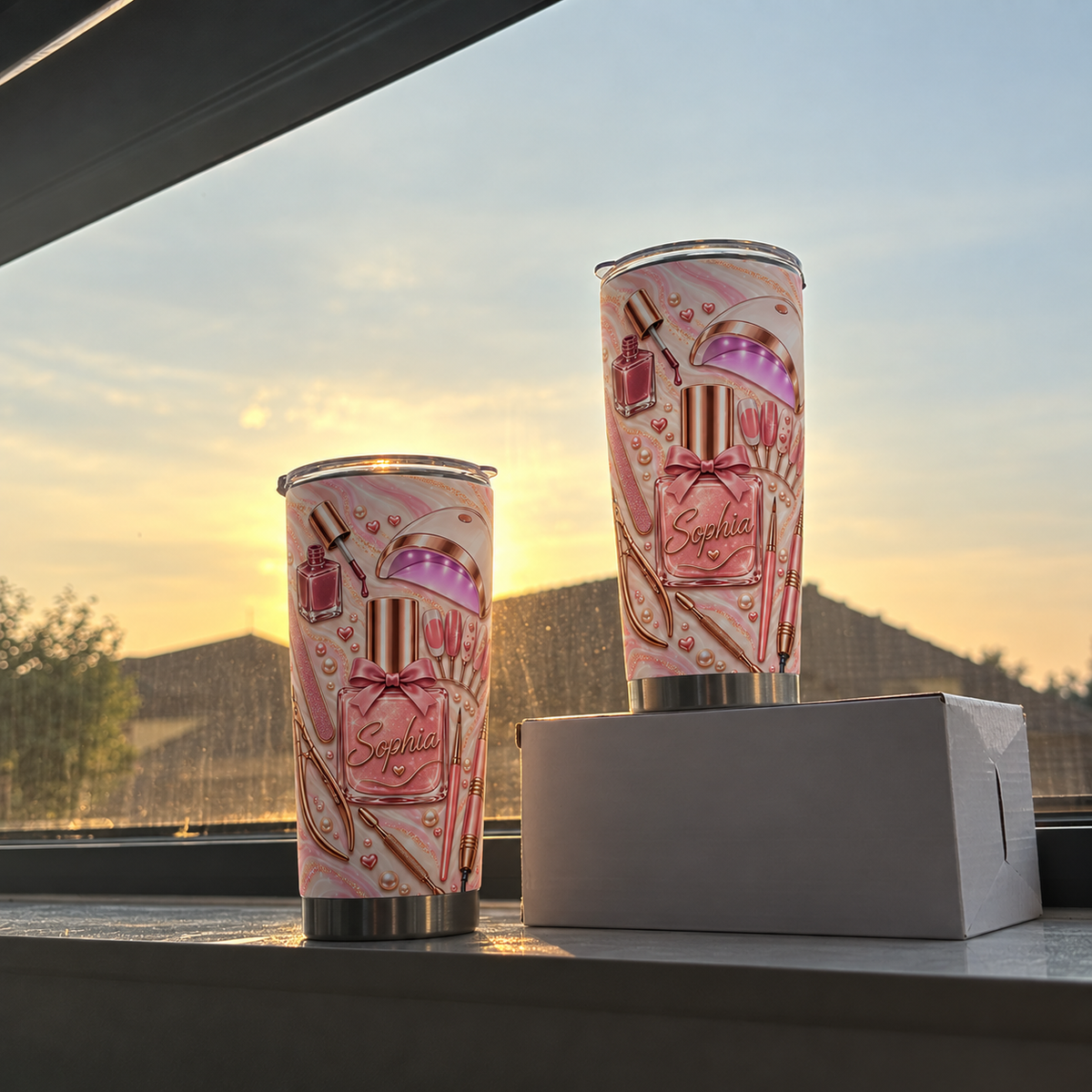 Two personalized nail tech tumbler cups displayed on a ledge against a bright sunset sky and residential roofline view.