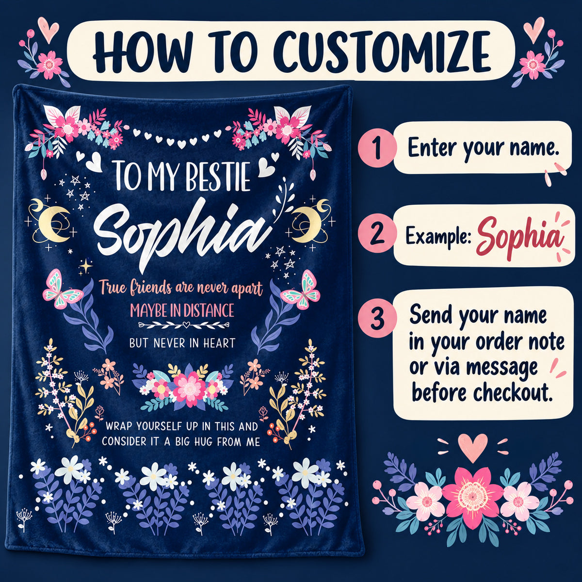 Navy Bestie Friendship blanket - how to personalize