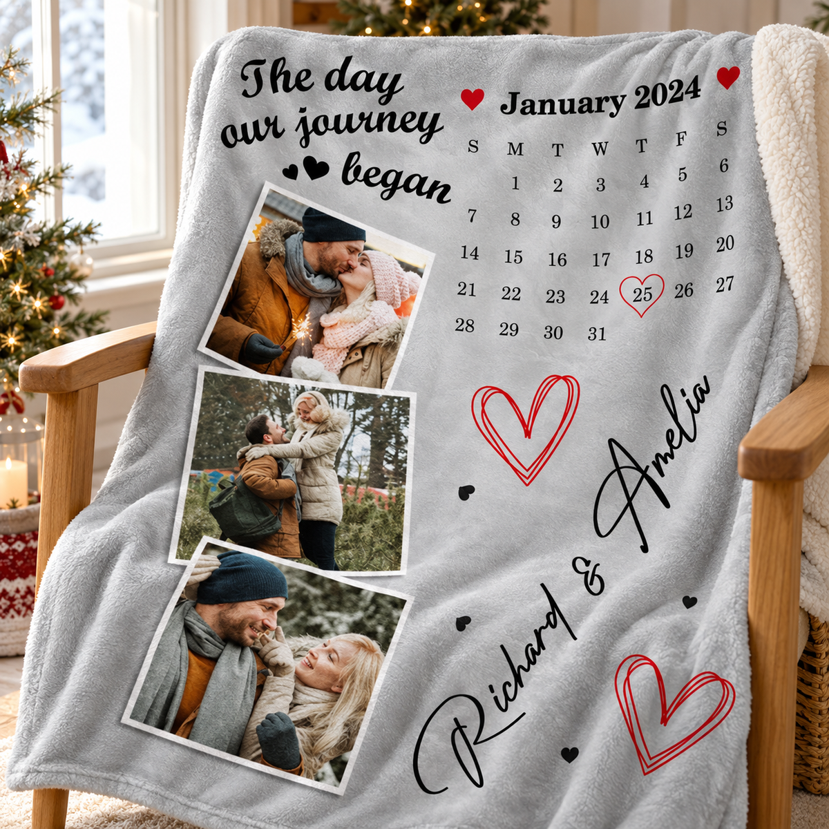 Personalized photo blanket draped over a wooden chair, featuring a three-photo collage and a January calendar.