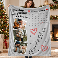 A woman holds up a custom throw blanket featuring a couple's photo collage and an anniversary date calendar.