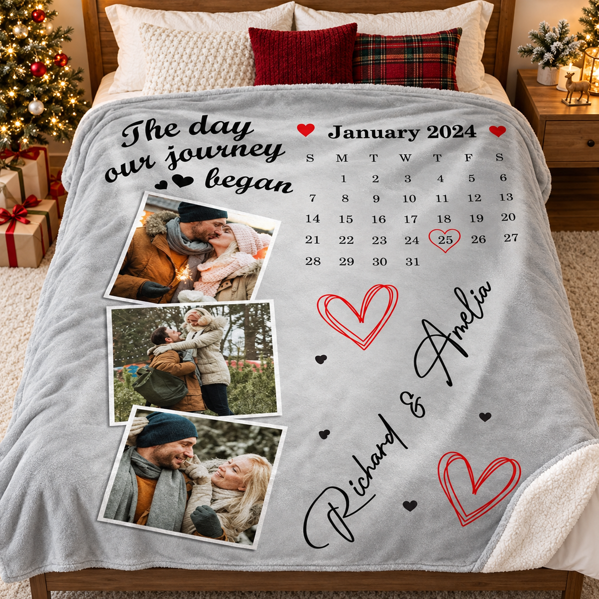 Personalized photo blanket laid flat on a bed with holiday pillows, displaying a calendar grid and names.