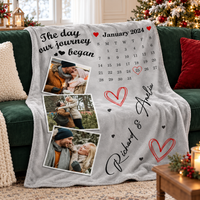 Personalized photo blanket displayed on a green sofa, highlighting a custom picture collage and anniversary text.