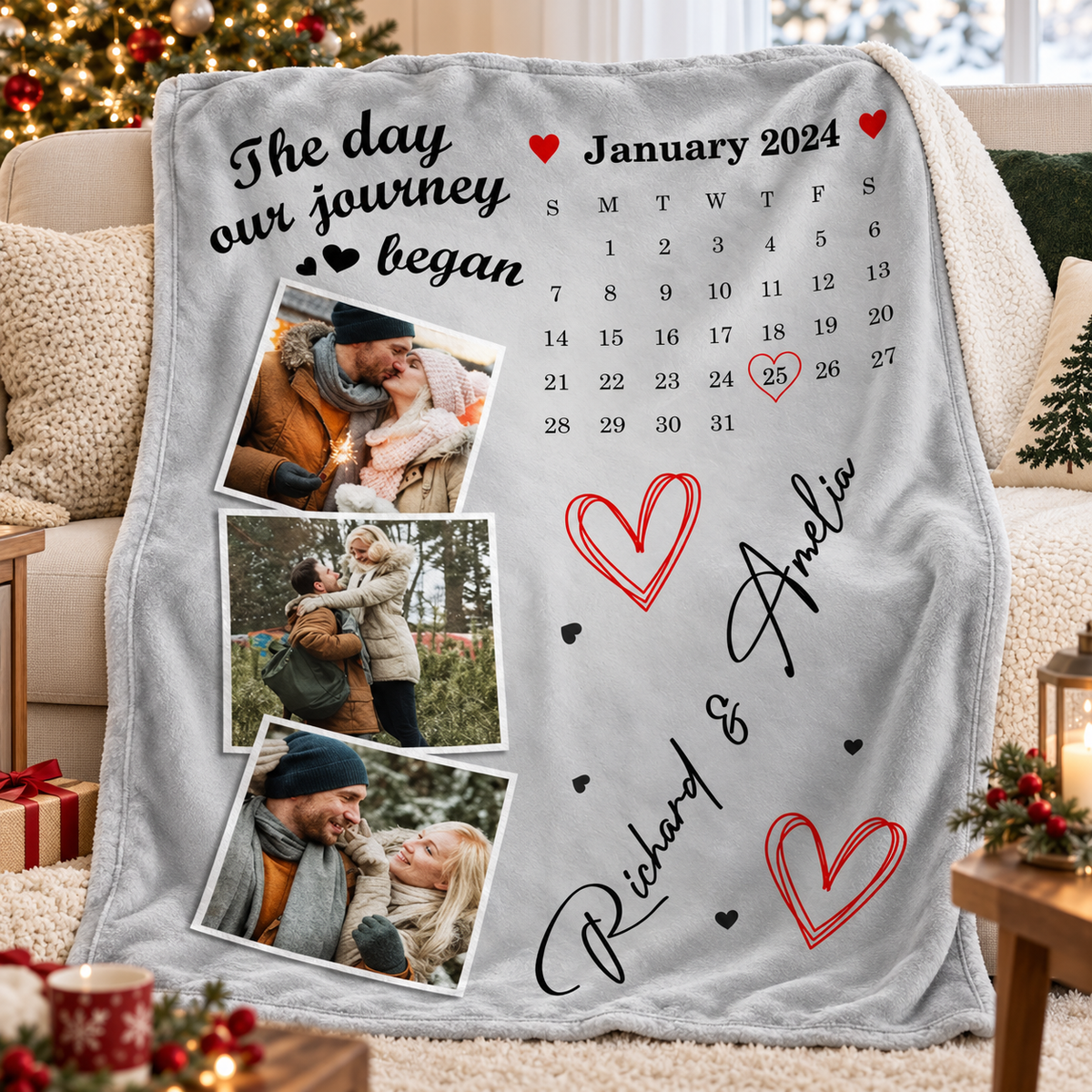 Custom photo blanket draped over a neutral armchair near a decorated holiday tree, featuring a couple's collage.