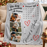 Custom photo blanket draped over a neutral armchair near a decorated holiday tree, featuring a couple's collage.