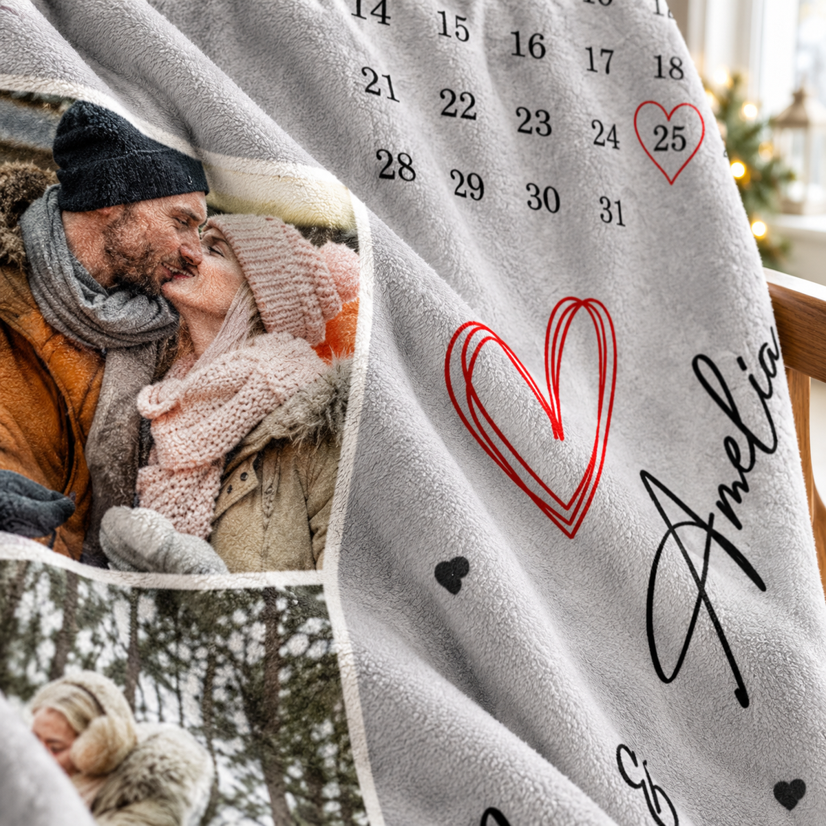 Close-up of a personalized photo blanket showcasing a couple picture, custom calendar grid, and red heart accents.
