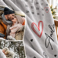 Close-up of a personalized photo blanket showcasing a couple picture, custom calendar grid, and red heart accents.
