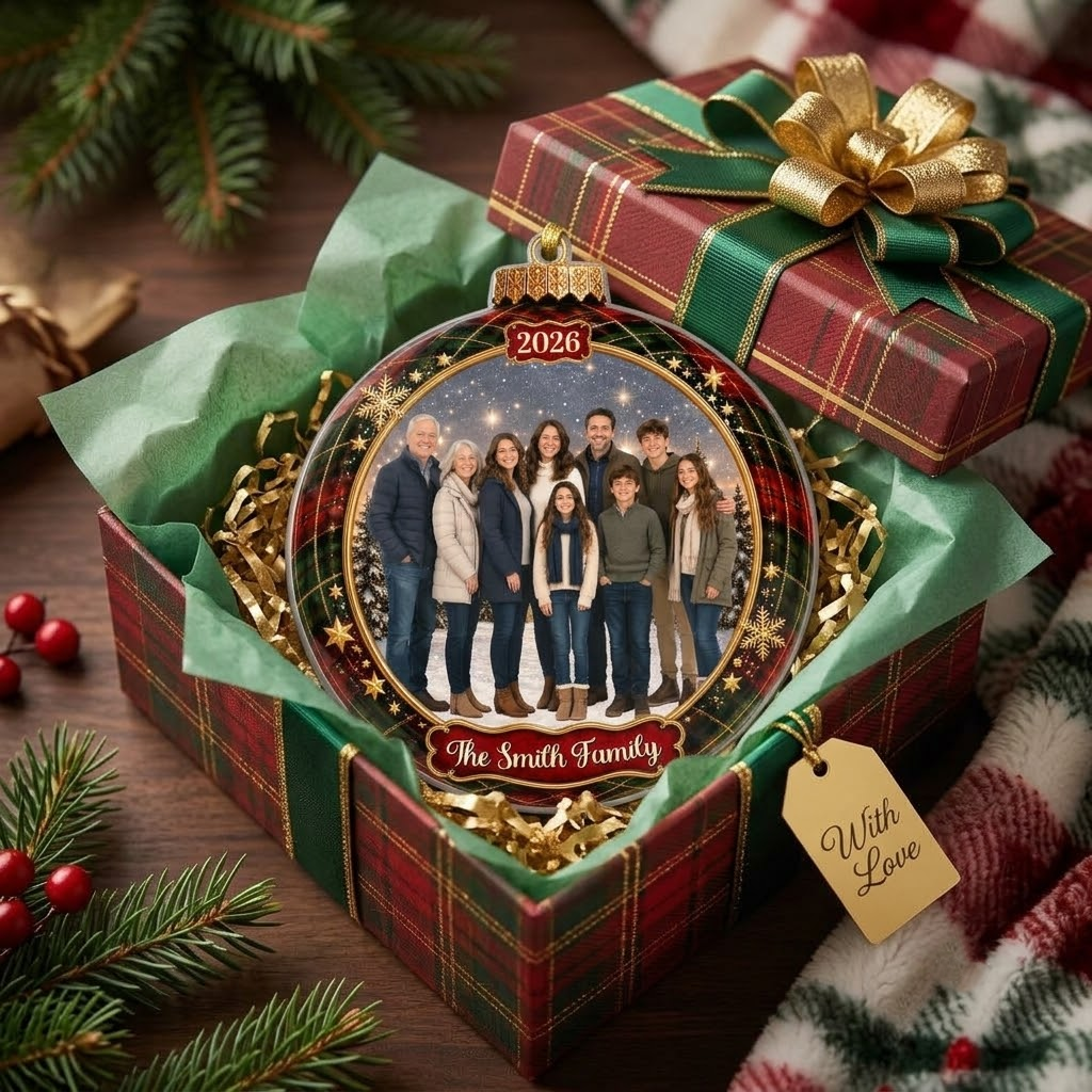 Customer in Austin, Texas wearing Personalized Photo Christmas Ornament Custom Family Holiday Keepsake Glass Bauble Gift