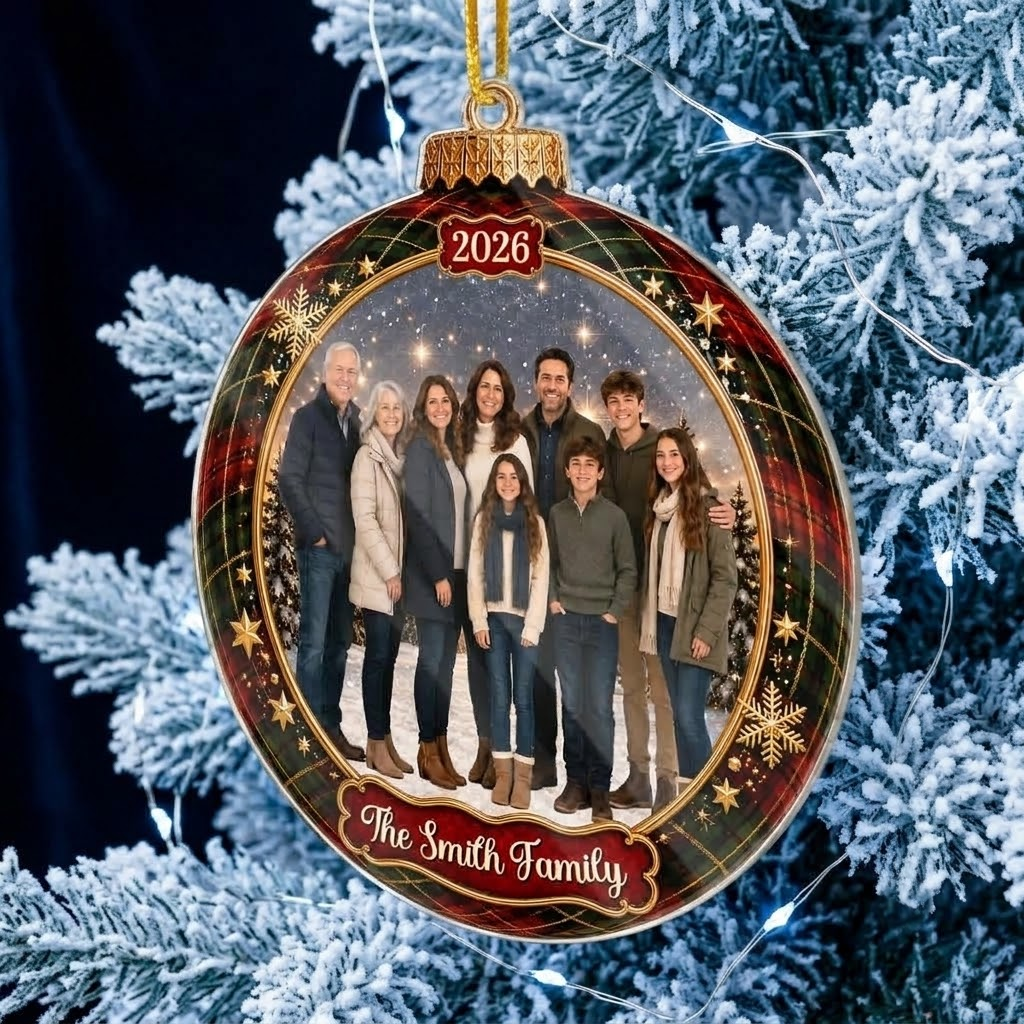 Customer in Austin, Texas wearing Personalized Photo Christmas Ornament Custom Family Holiday Keepsake Glass Bauble Gift
