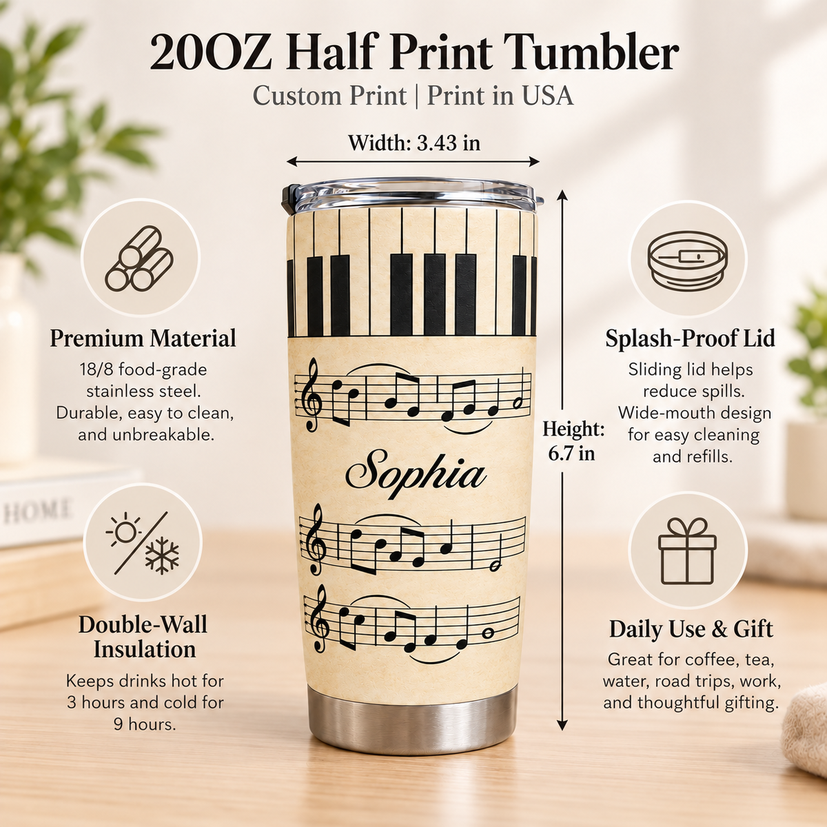 Infographic showing a 20oz stainless steel tumbler with vintage piano keys and sheet music design, featuring size and feature