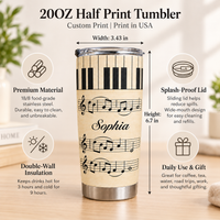 Infographic showing a 20oz stainless steel tumbler with vintage piano keys and sheet music design, featuring size and feature