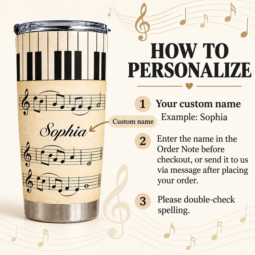 How to personalize guide featuring a vintage piano sheet music tumbler alongside numbered step instructions with musical note