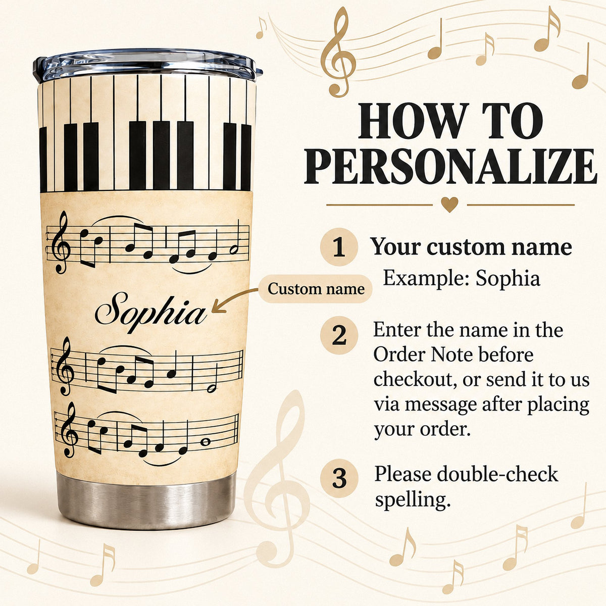 How to personalize guide featuring a vintage piano sheet music tumbler alongside numbered step instructions with musical note