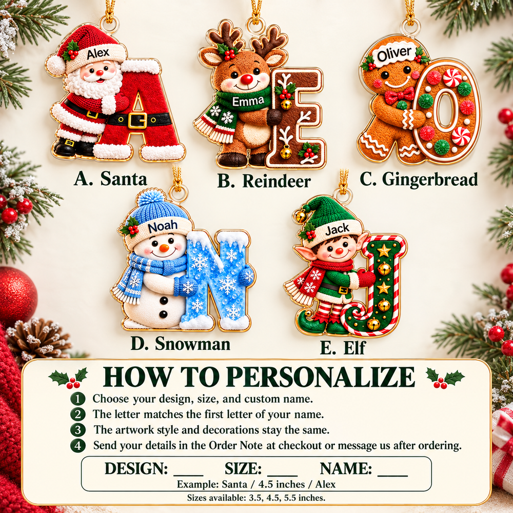 Catalog showcasing five personalized Christmas ornaments including Santa, Reindeer, and Snowman designs.