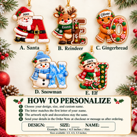 Catalog showcasing five personalized Christmas ornaments including Santa, Reindeer, and Snowman designs.