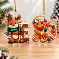 Two personalized holiday ornaments shaped like a reindeer and a gingerbread figure.