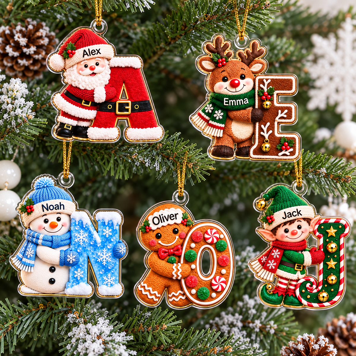 Five different personalized initial Christmas ornaments hanging on a decorated tree branch.
