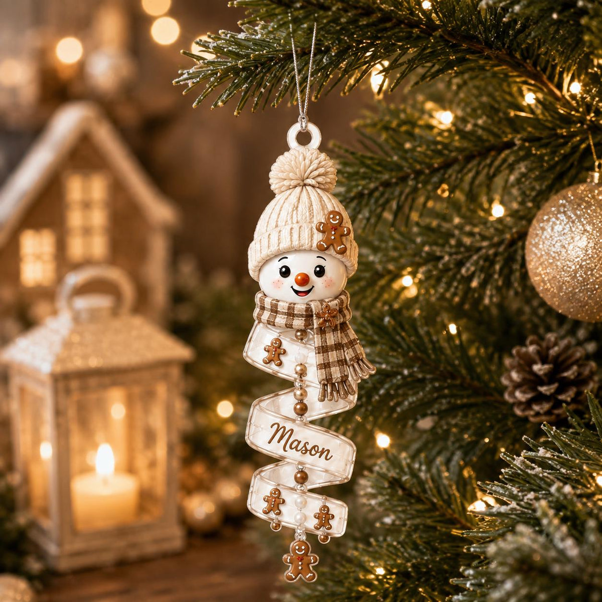 Customer in Austin, Texas wearing Personalized Snowman Ornament Custom Name Christmas Tree Decor Gift for Family Kids