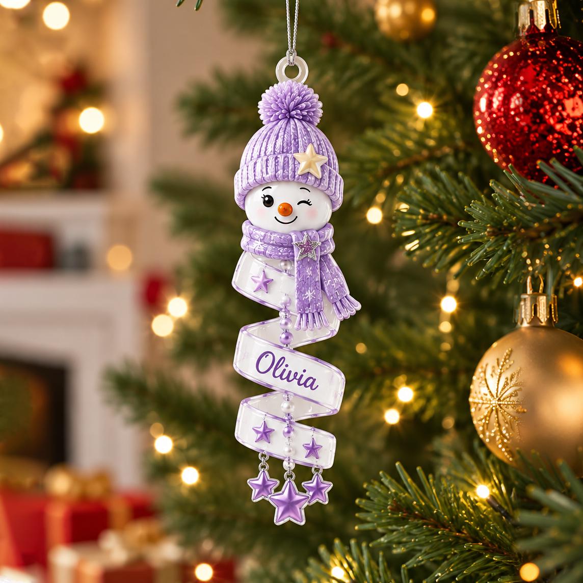 Customer in Austin, Texas wearing Personalized Snowman Ornament Custom Name Christmas Tree Decor Gift for Family Kids