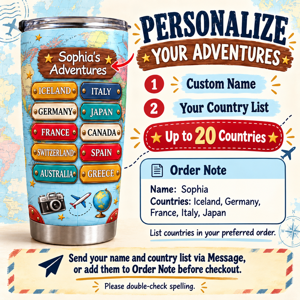 Infographic showing how to customize the travel map tumbler with name and country list options.