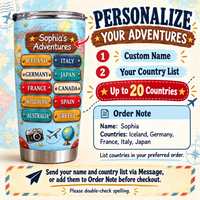 Infographic showing how to customize the travel map tumbler with name and country list options.